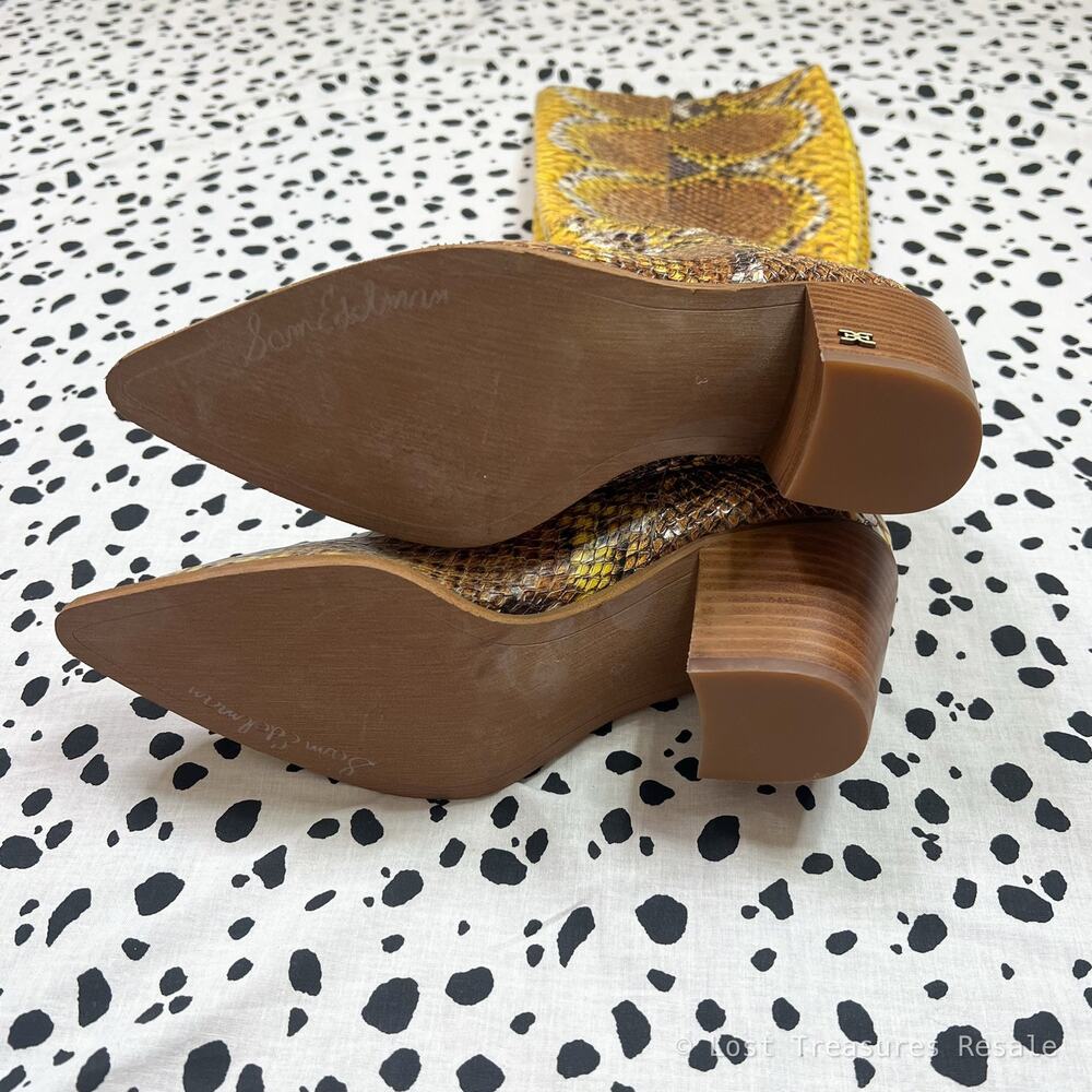Sam Edelman | Lindsey Yellow Brown Snake Print Tall Leather Western Heel Boots 8 - Picture 9 of 11